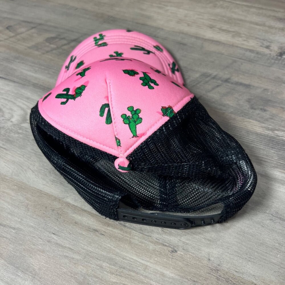 Pink Cactus Printed Trucker Hat With Black Mesh Adjustable Snapback - Picture 4 of 5